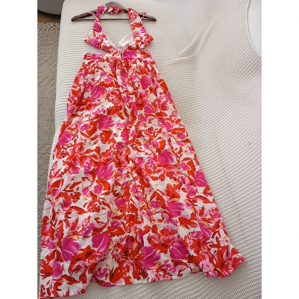 Tropical Floral Halter Maxi‎ Dress Cutout Waist Pink Red Orange Resort W26 S